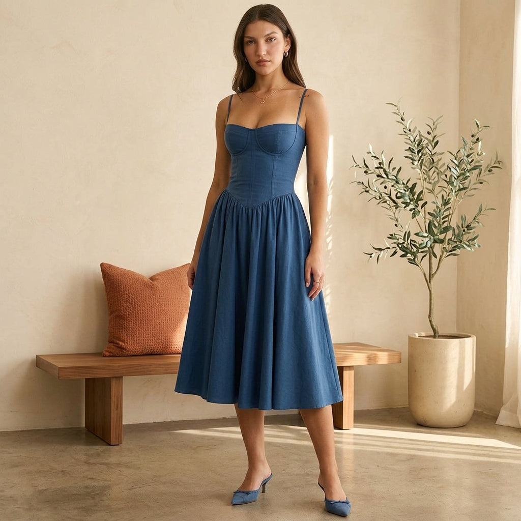 Model wearing blue corset midi dress