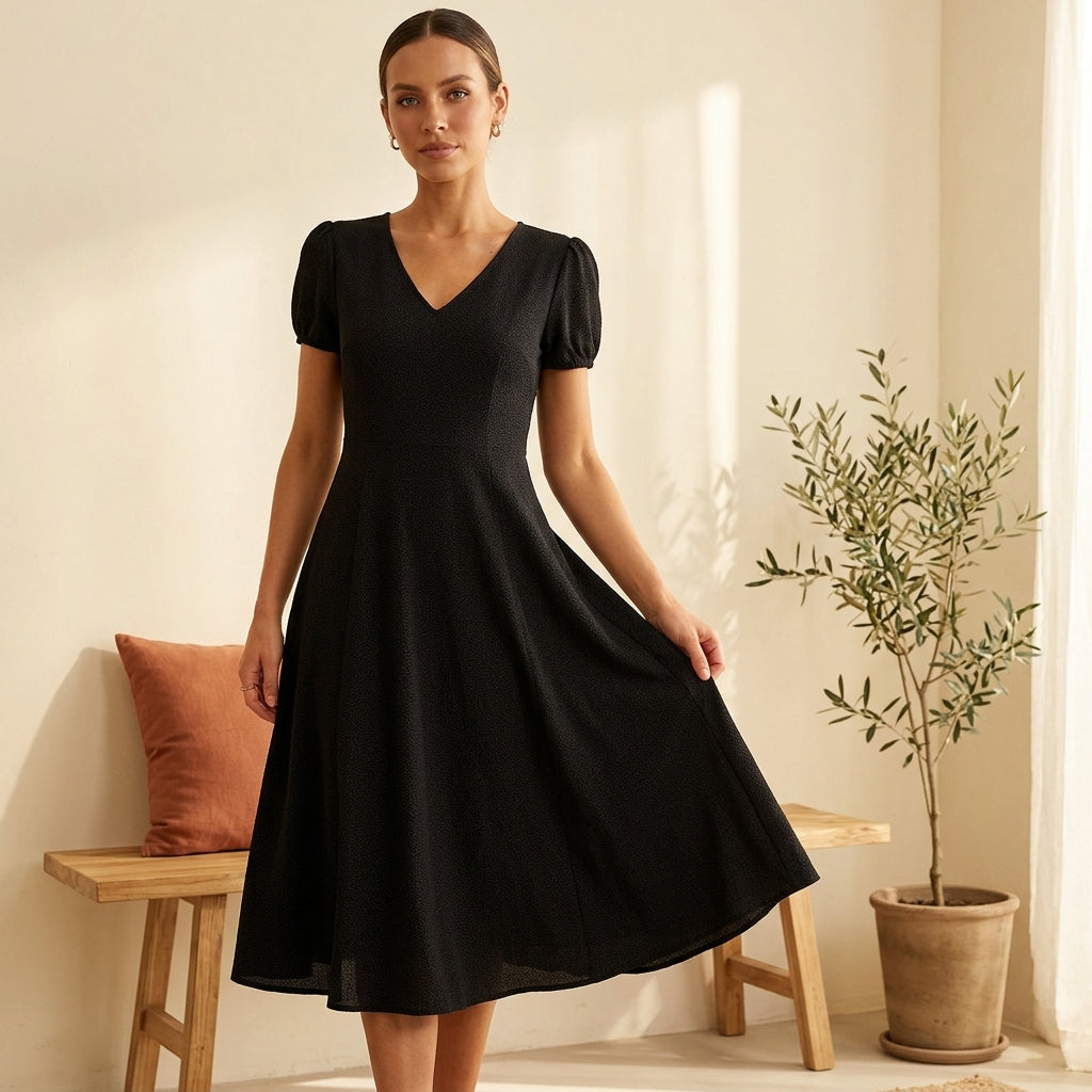 Model wearing black swing-hem casual dress