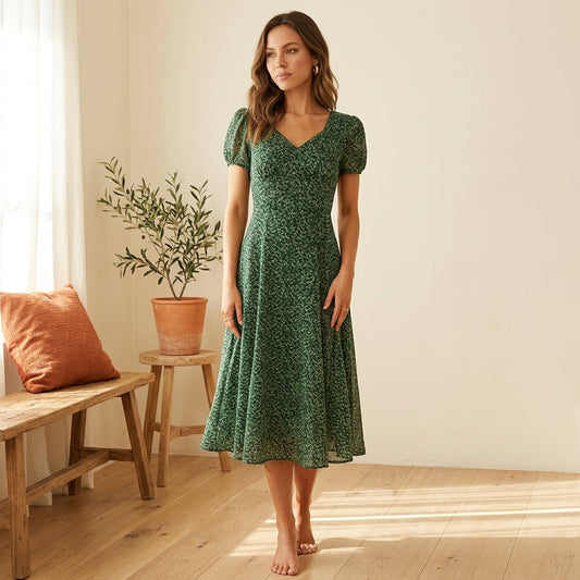 Model wearing green swing-hem casual dress