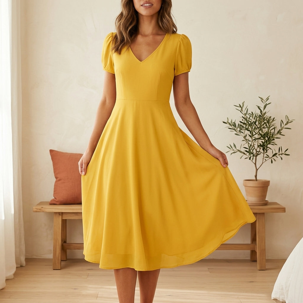 Model wearing yellow swing-hem casual dress