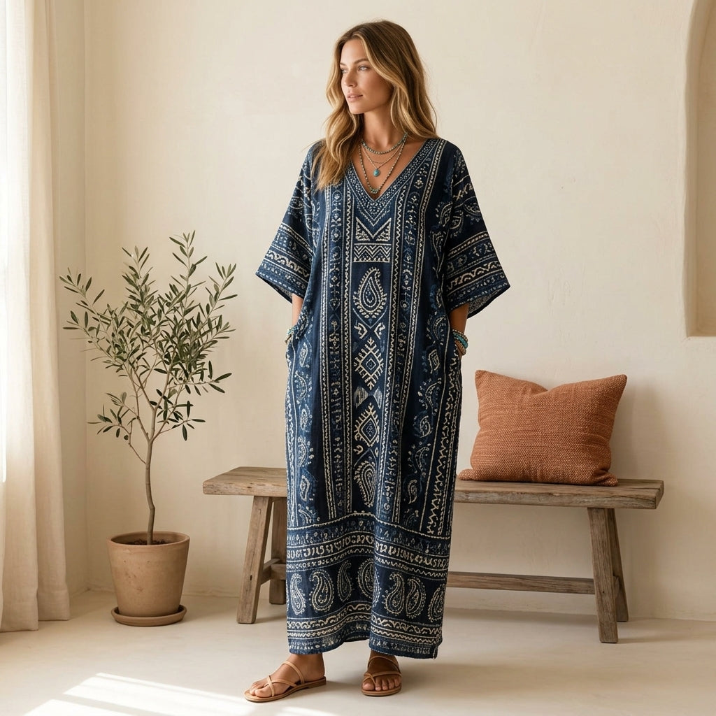 Model wearing ethnic indigo blue kaftan maxi dress