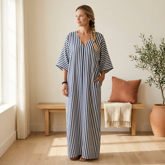 Model wearing striped blue kaftan maxi dress