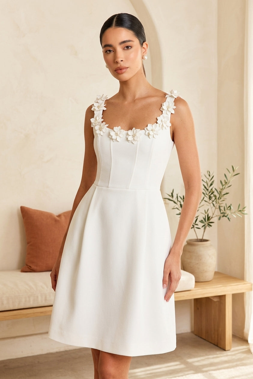 Model wearing white charming floral dress