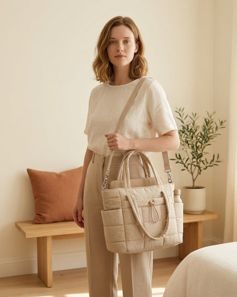 Model with beige puffer tote