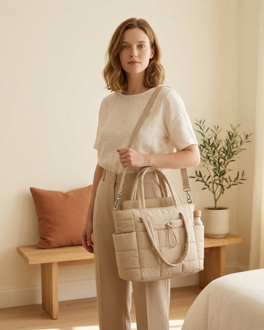 Model with beige puffer tote