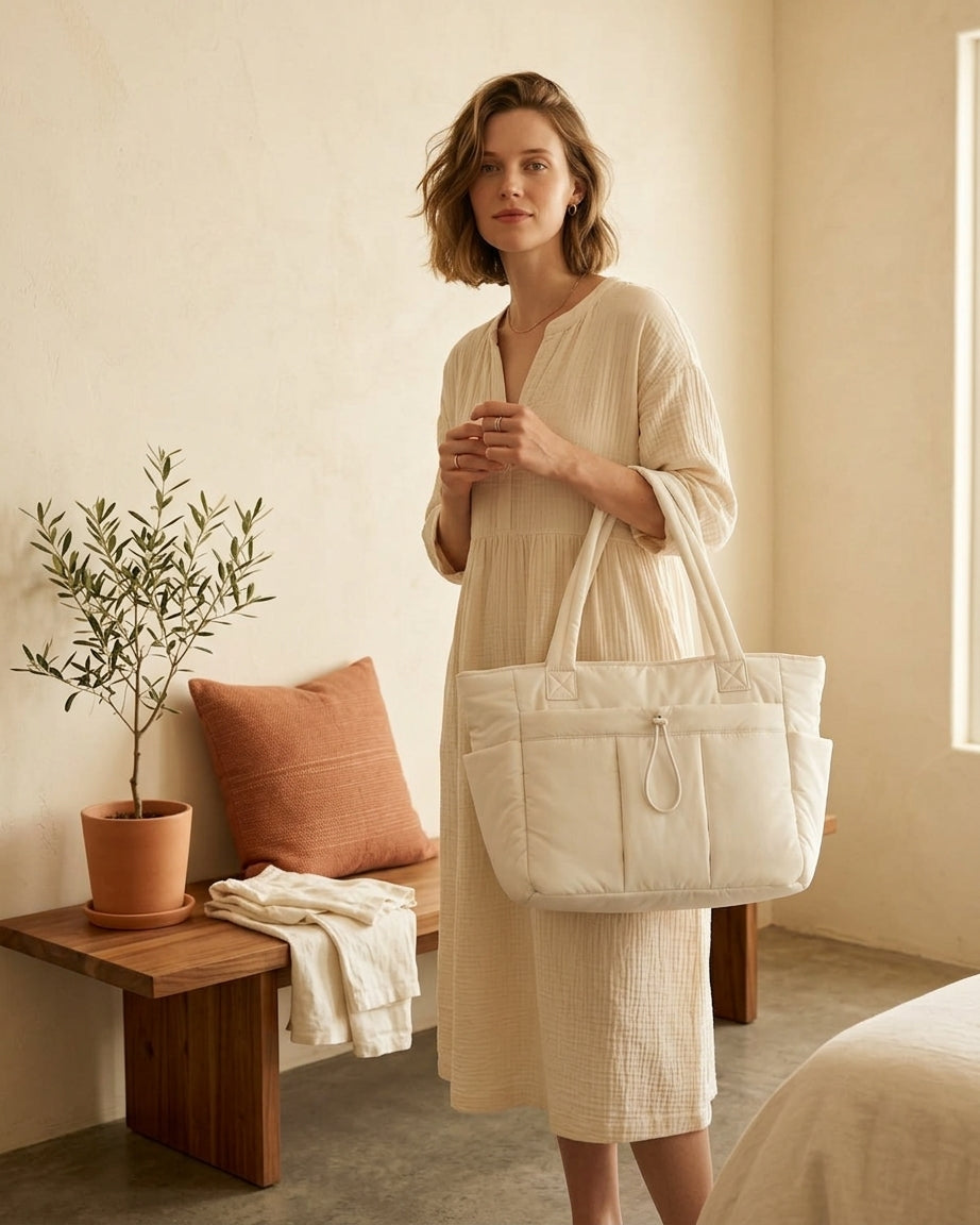 Model with off-white puffer tote