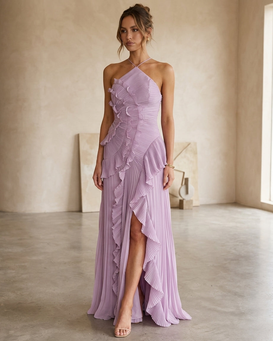 Model wearing lavender ruffle maxi dress