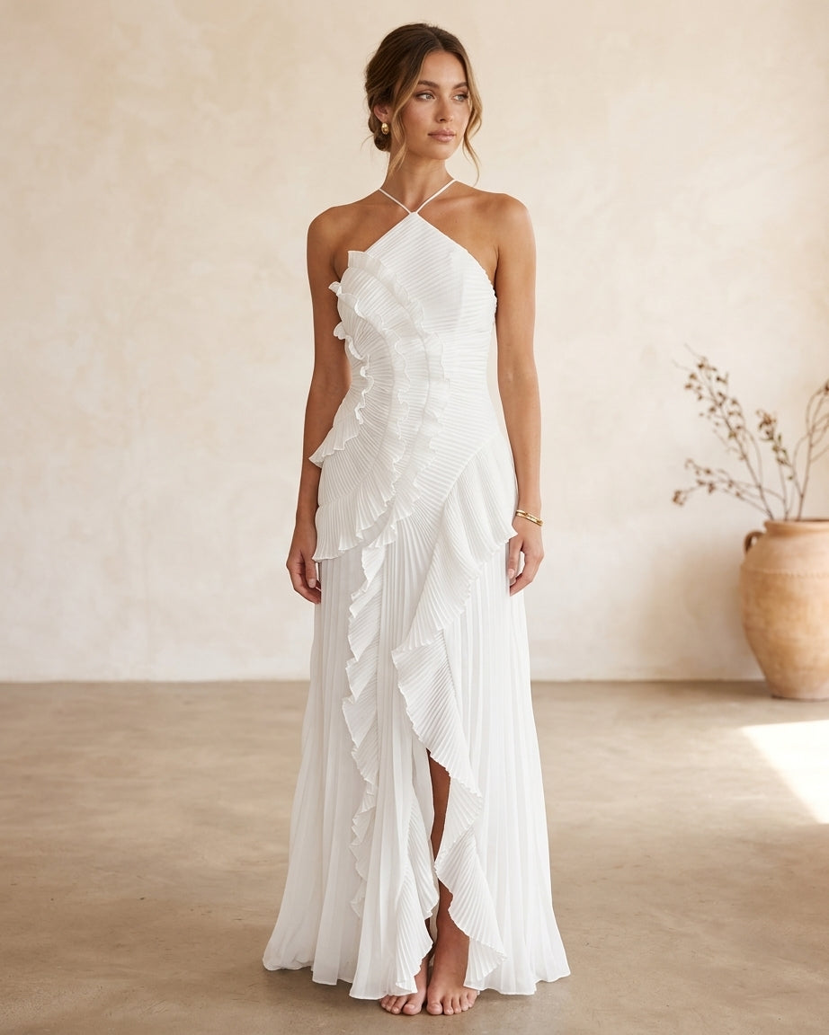 Model wearing white ruffle maxi dress