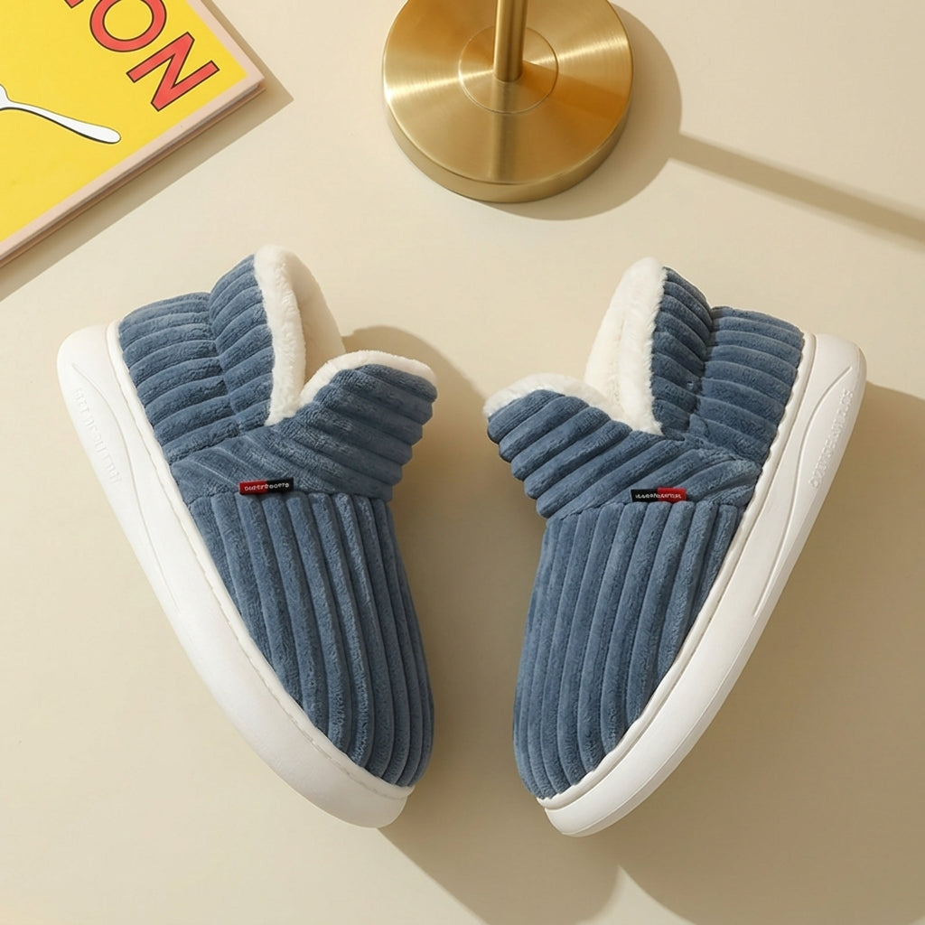 Blue plush corduroy house slippers
