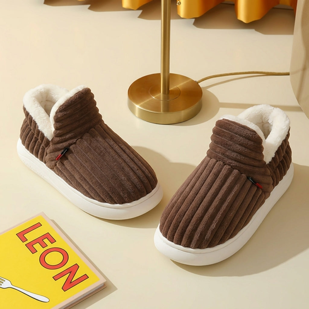 Brown plush corduroy house slippers