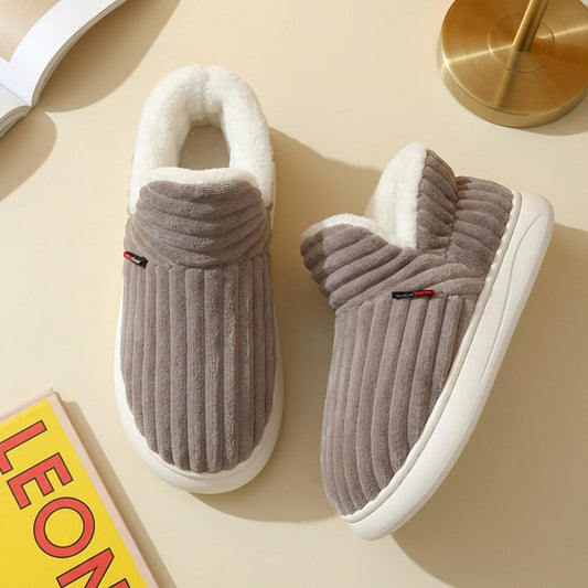 Gray plush corduroy house slippers