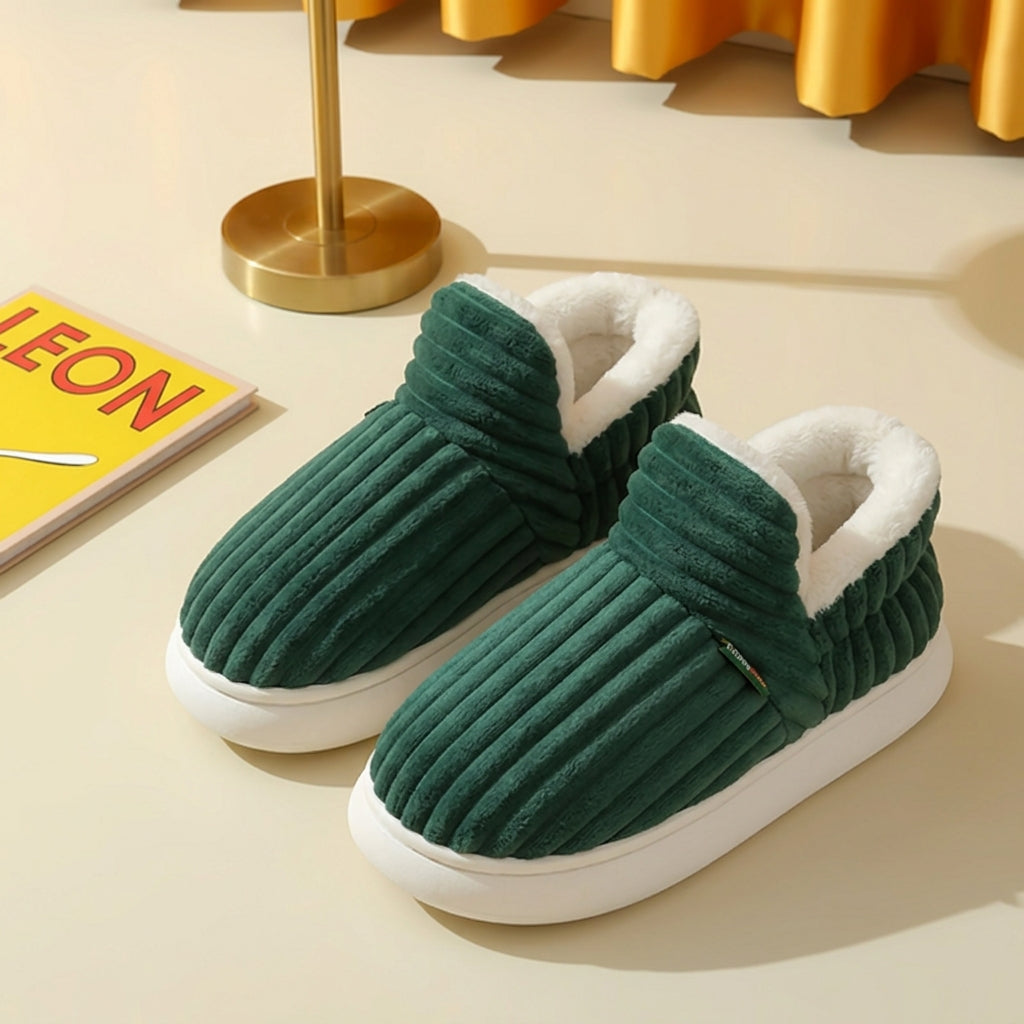 Green plush corduroy house slippers