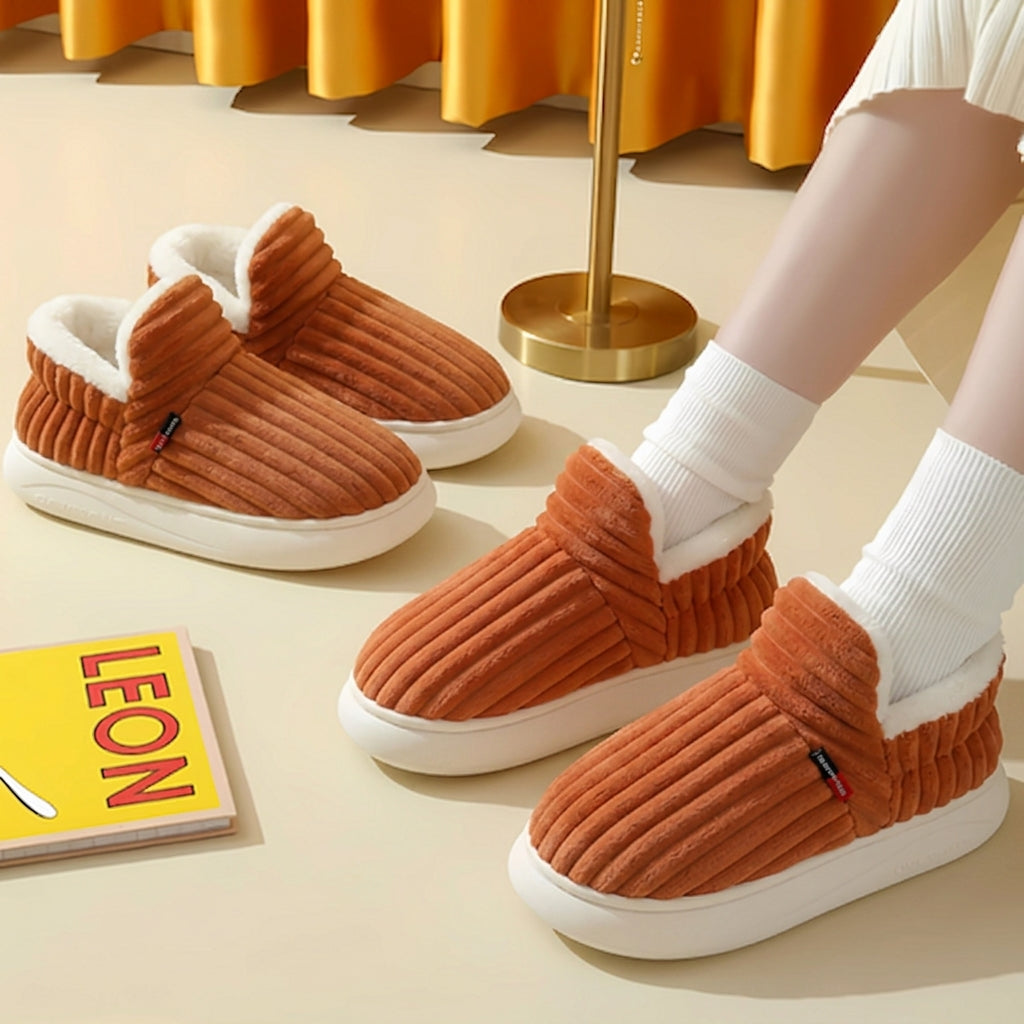 Orange plush corduroy house slippers