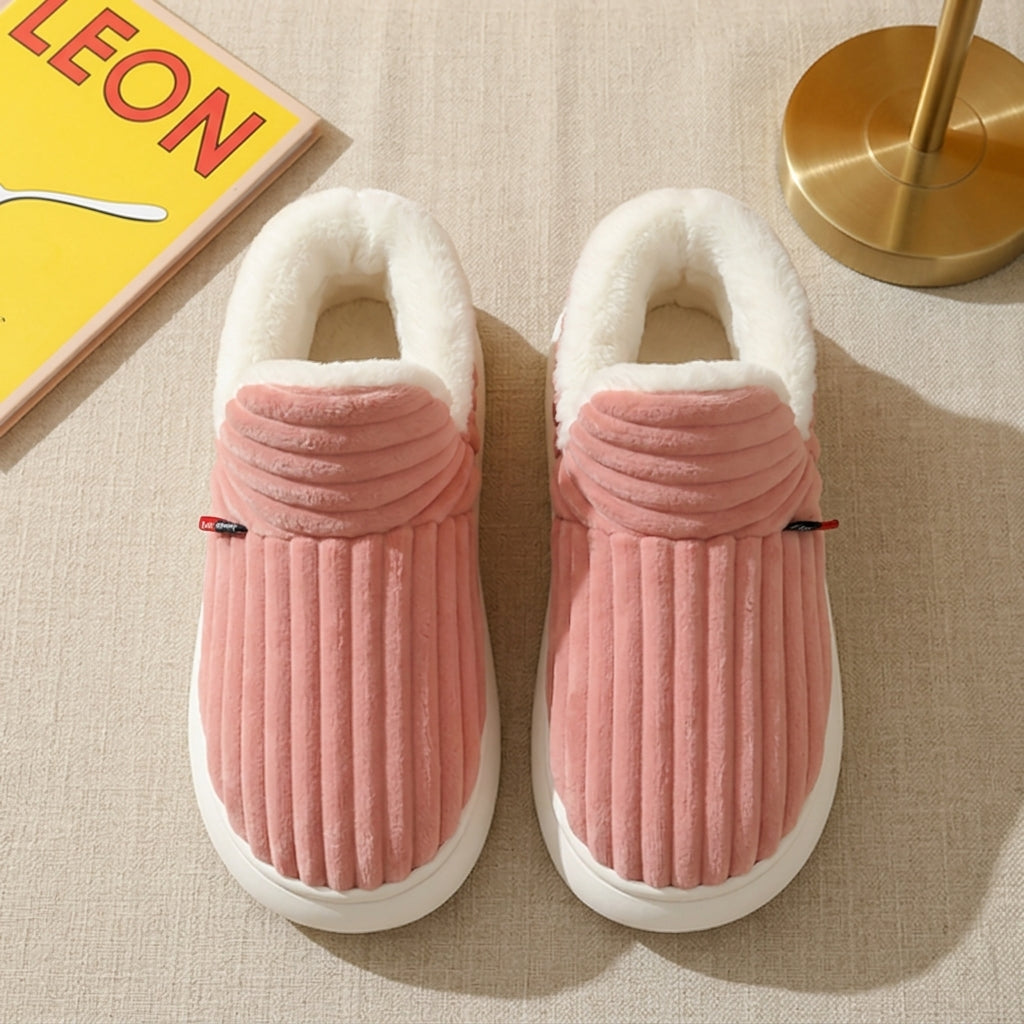 Pink plush corduroy house slippers