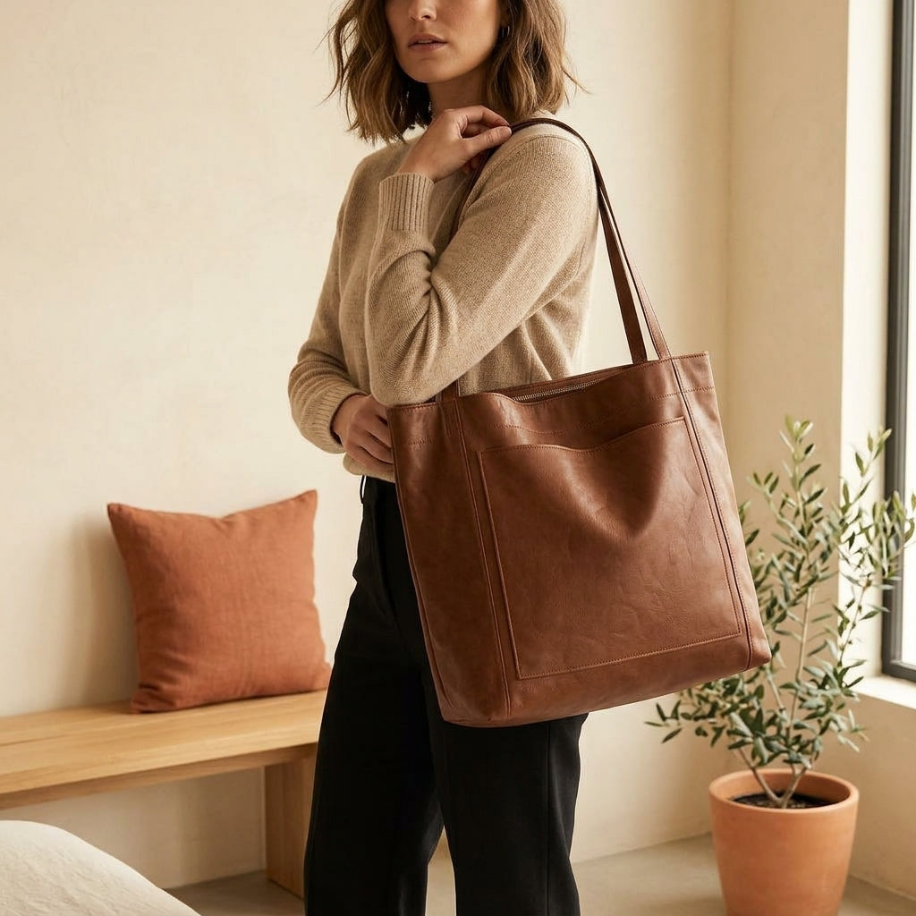 Model wearing brown vegan leather shoulder bag