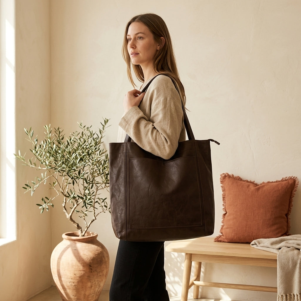 Model wearing dark brown vegan leather shoulder bag
