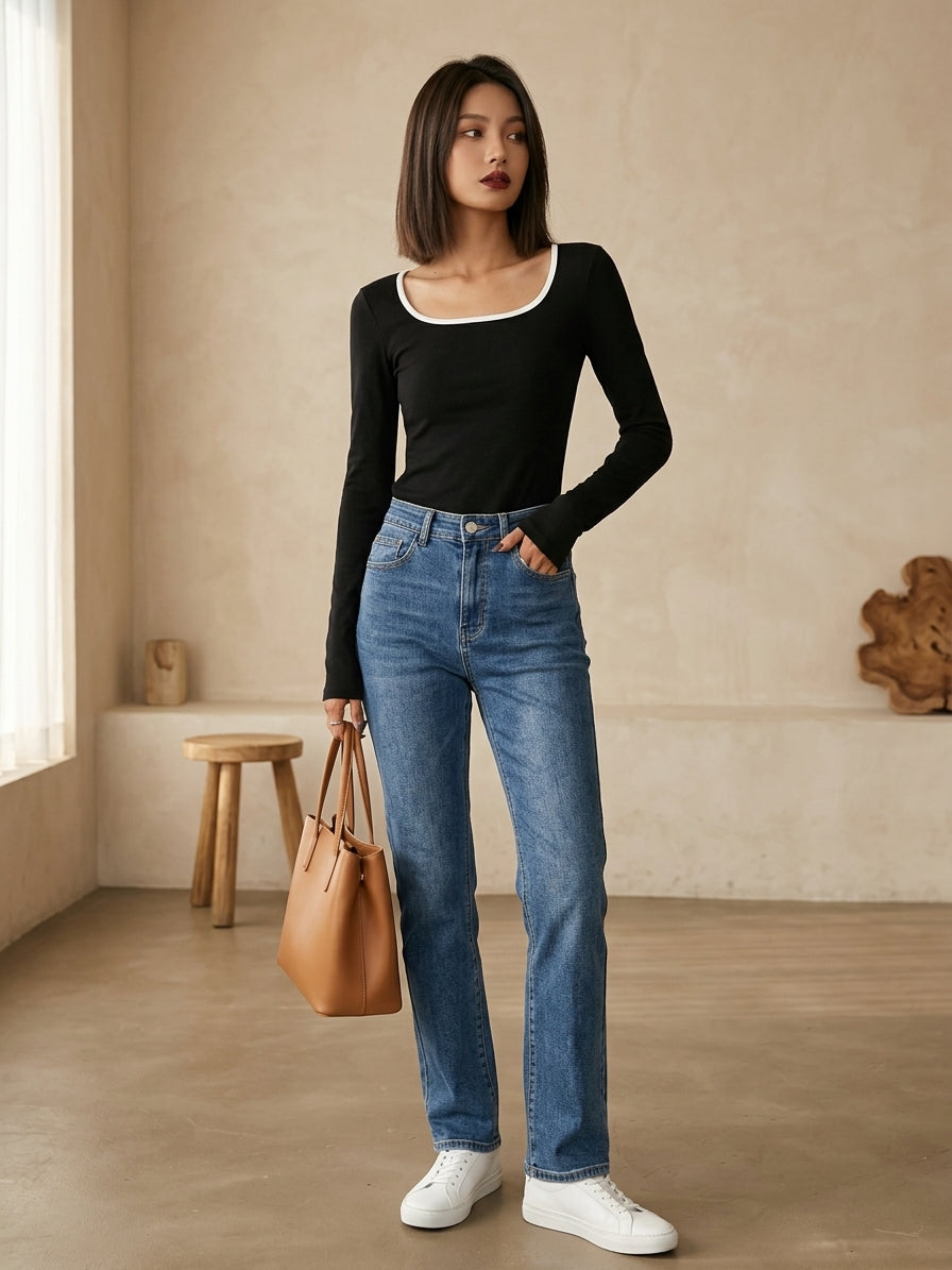 Model wearing black square neck top