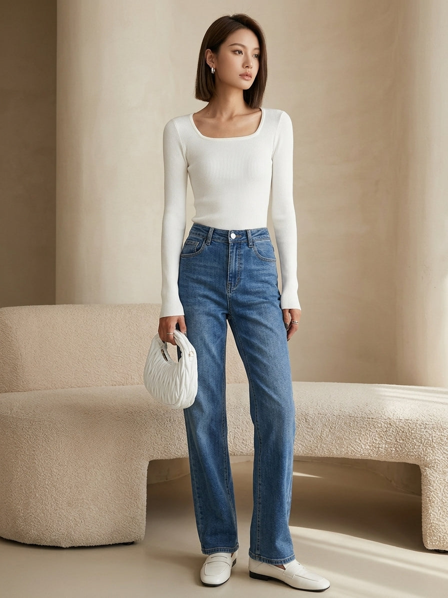 Model wearing white square neck top