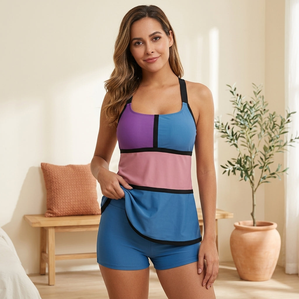 Square Neck Tankini - Purple/Blue/Pink, styled lifestyle photo
