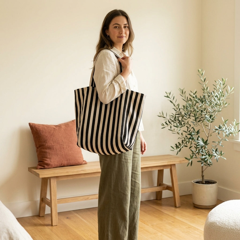 Model with black wide stripe tote