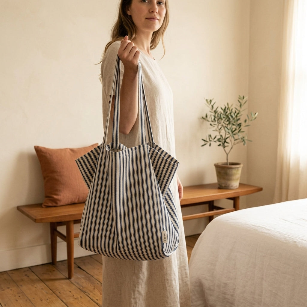 Model with navy narrow stripe tote