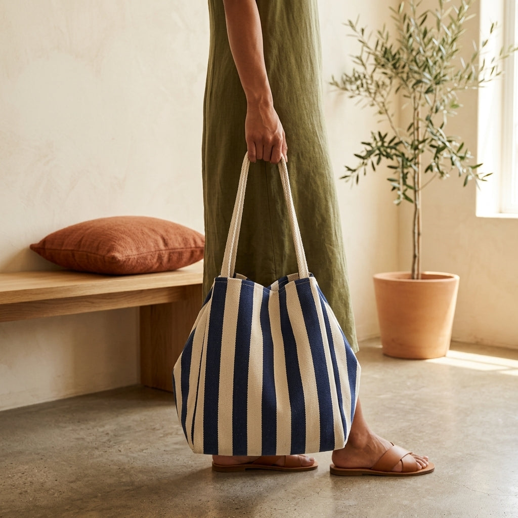 Model with navy wide stripe tote