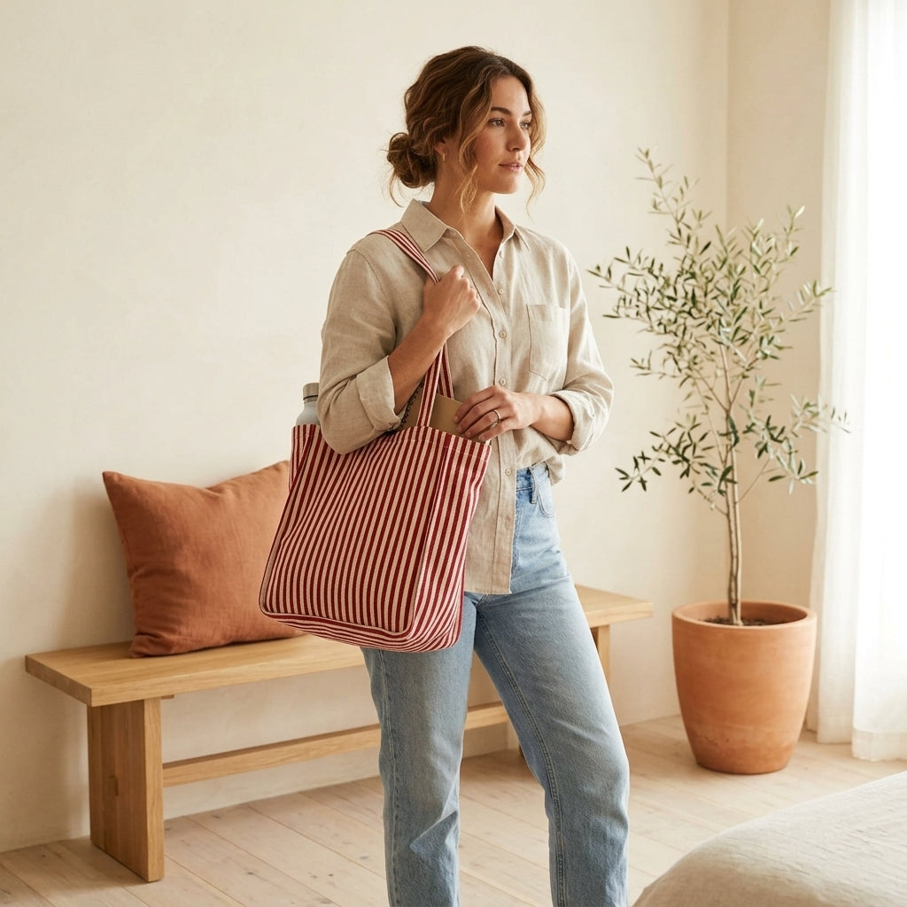 Model with red narrow stripe tote