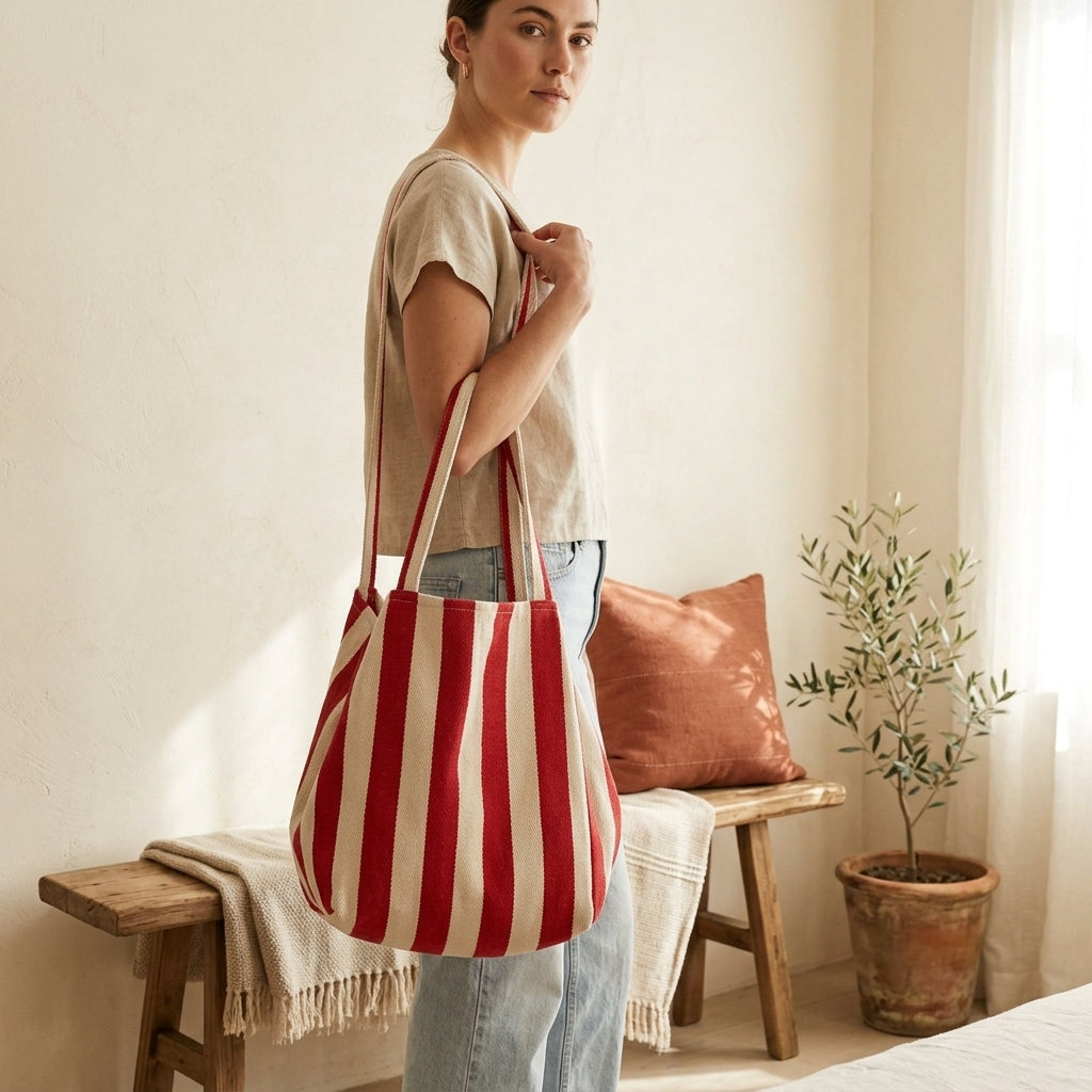 Model with red wide stripe tote