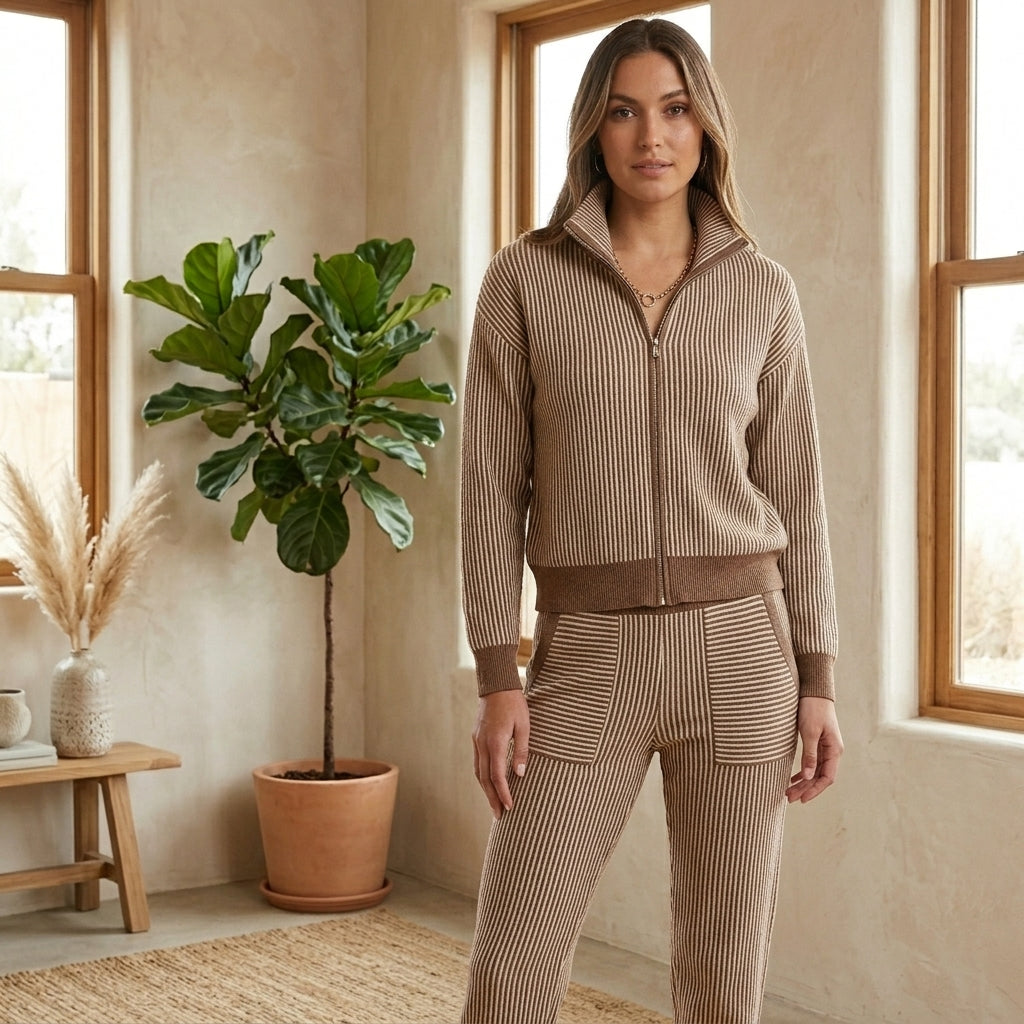 Model wearing brown striped tracksuit set