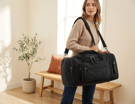 Model with black duffle bag