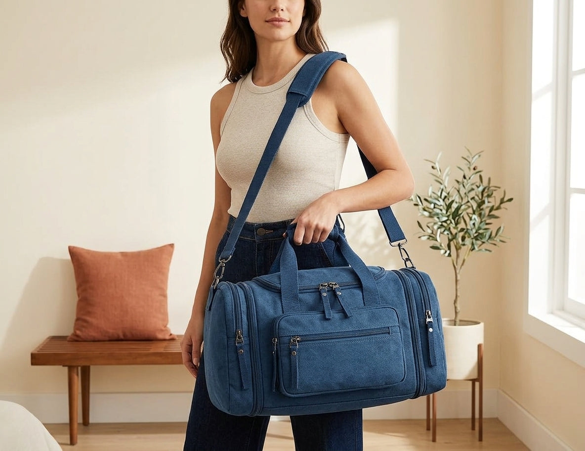 Model with blue duffle bag