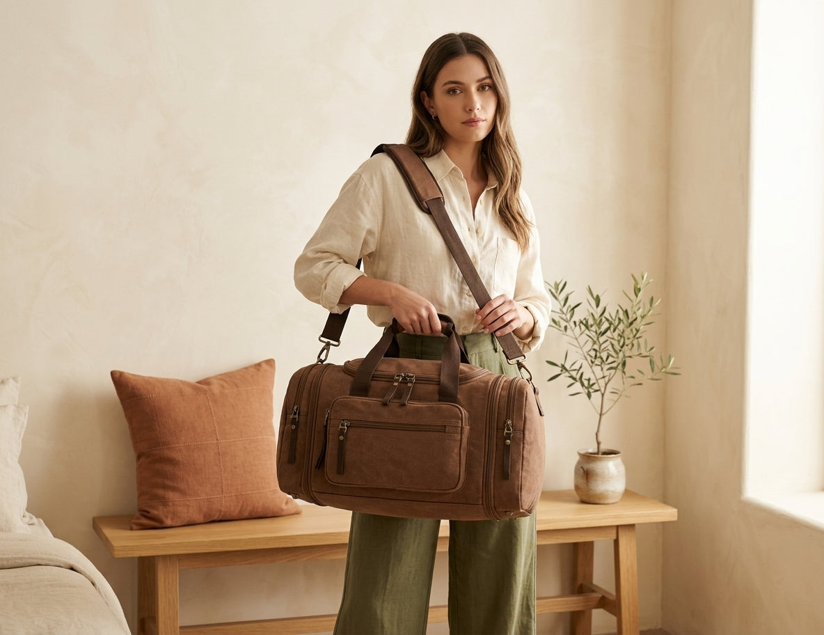 Model with brown duffle bag