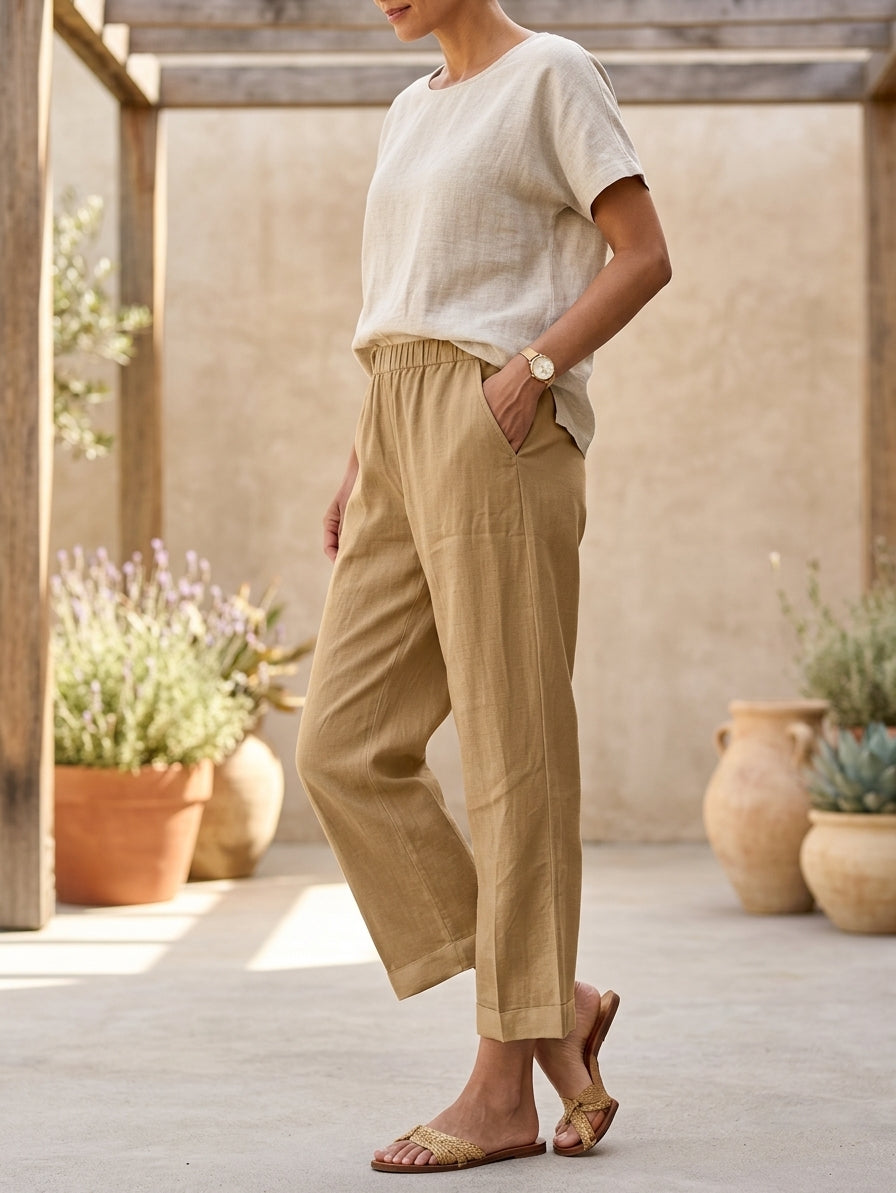 Model wearing khaki lightweight summer trousers
