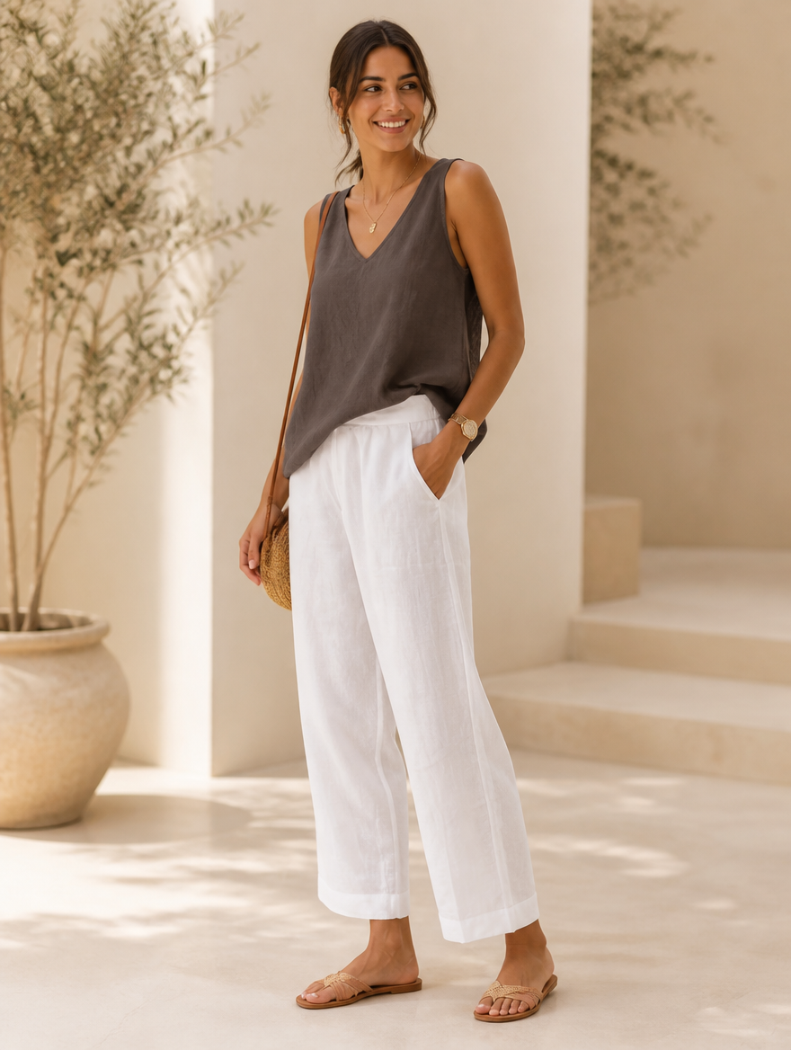 Model wearing white lightweight summer trousers