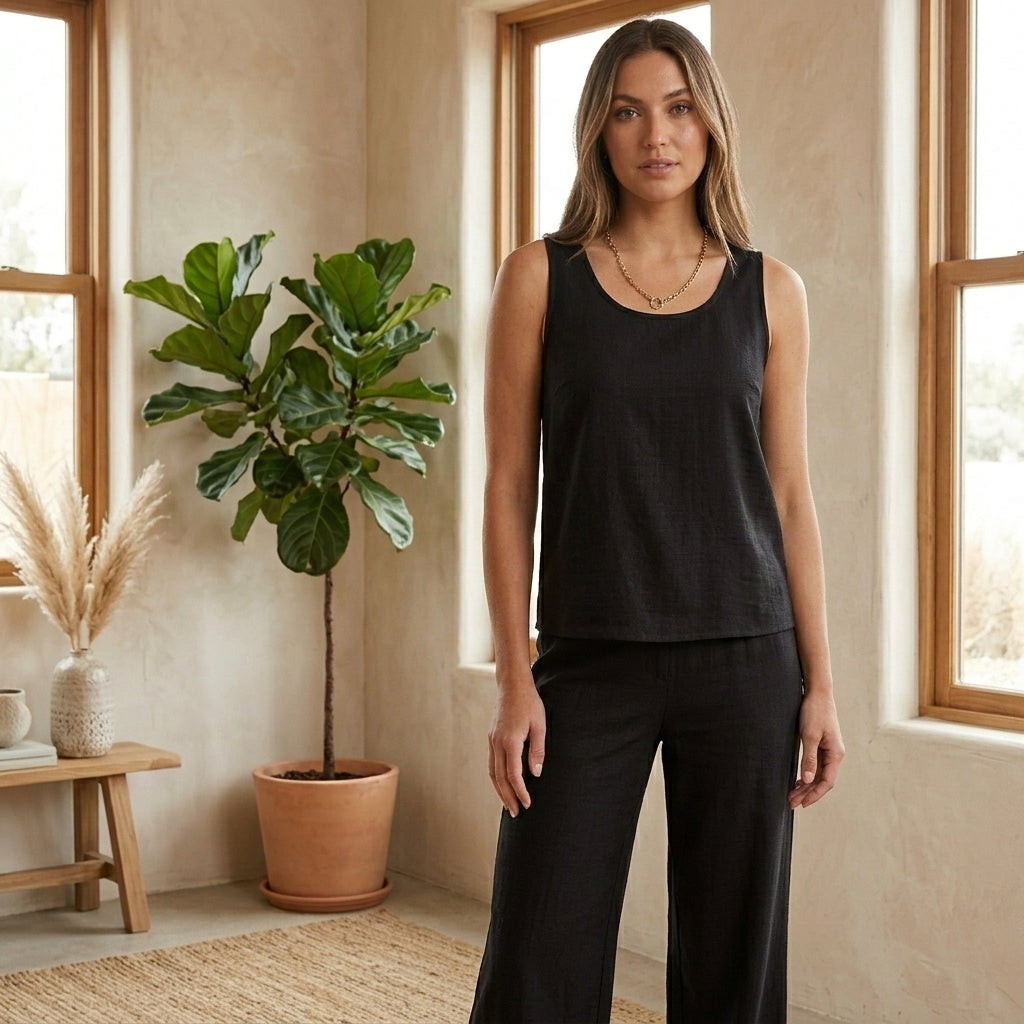 Model wearing black two-piece pants set