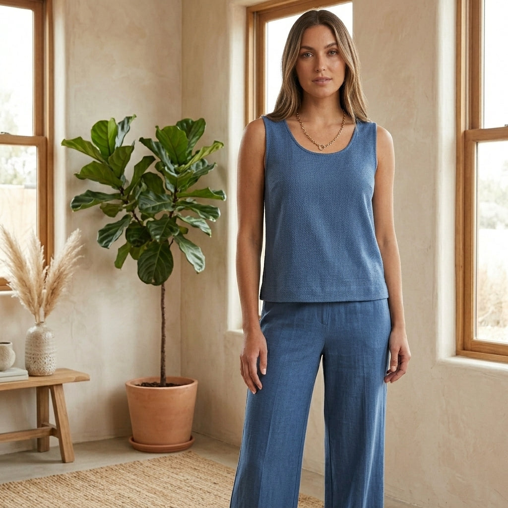 Model wearing blue two-piece pants set