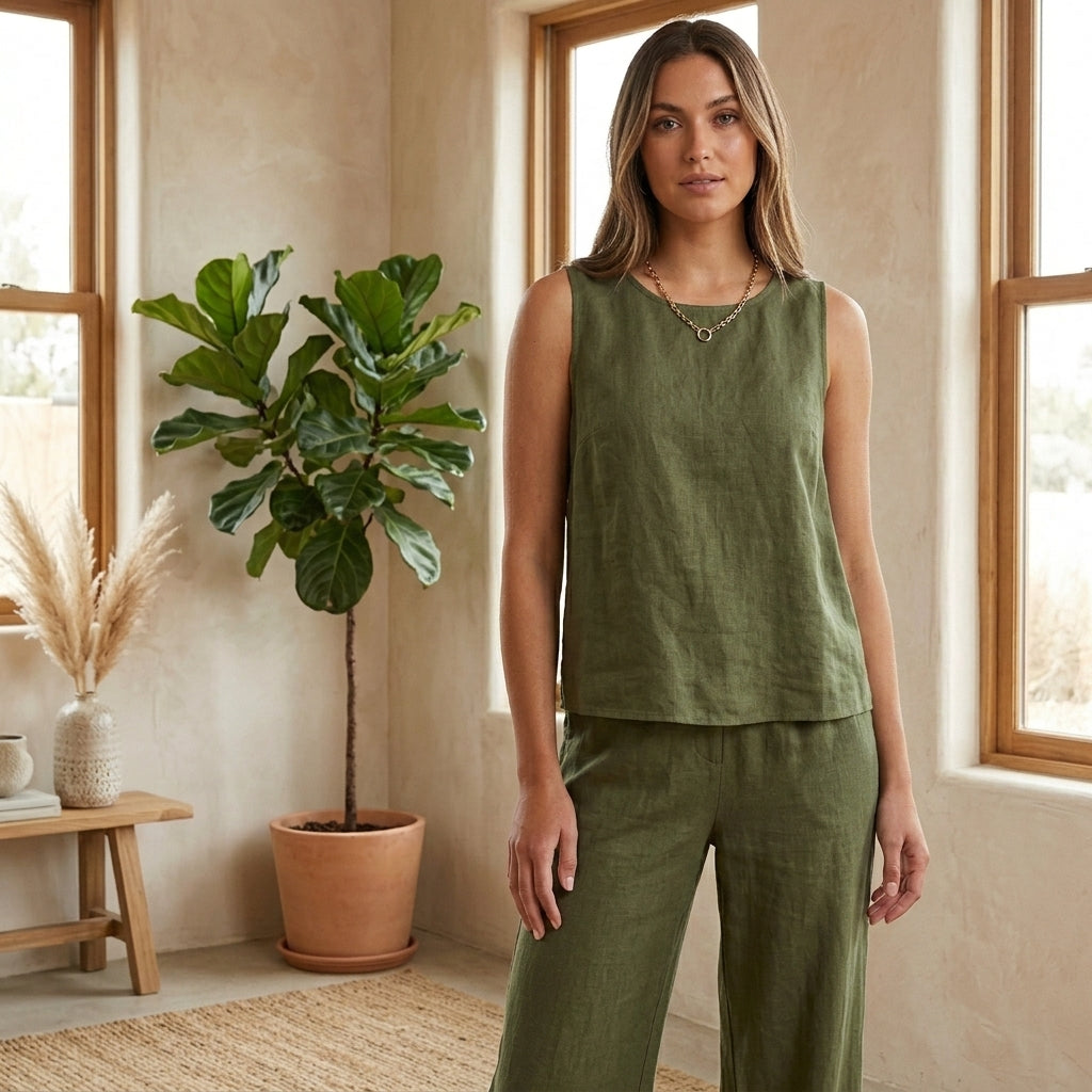 Model wearing green two-piece pants set
