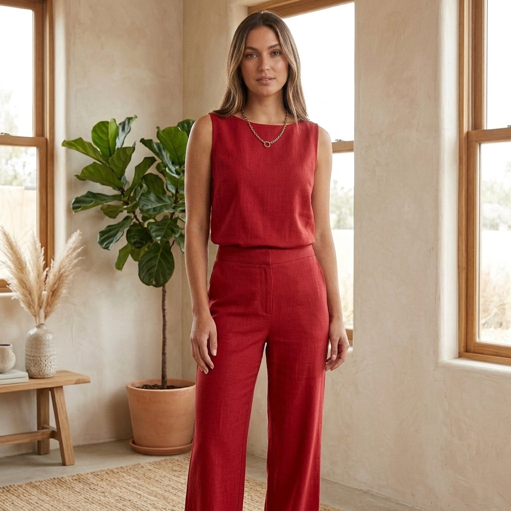 Model wearing red two-piece pants set