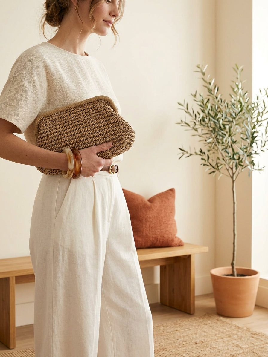 Model holding woven straw clutch